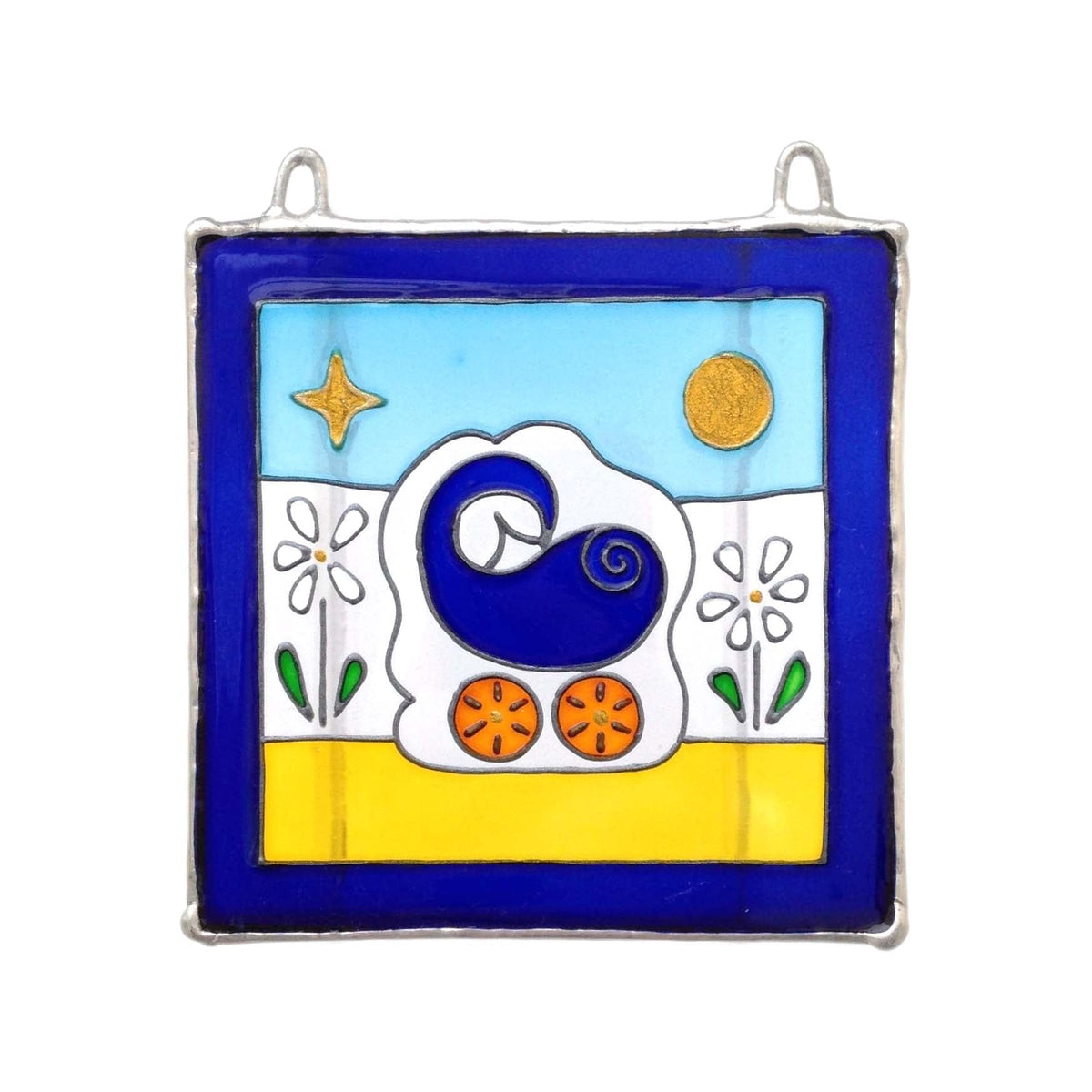 LeKoky Hand-painted glass suncatcher featuring baby in pram design, perfect for Christening or New Born gift. Boy version shown.