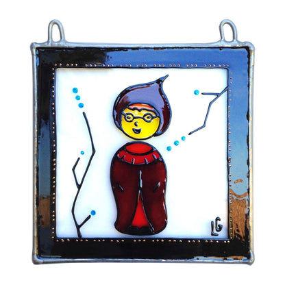 LeKoky Suncatchers JAPANESE DOLL [Boy] Hand Painted Glass Suncatcher RYUSEI made by Lenka in Southampton England