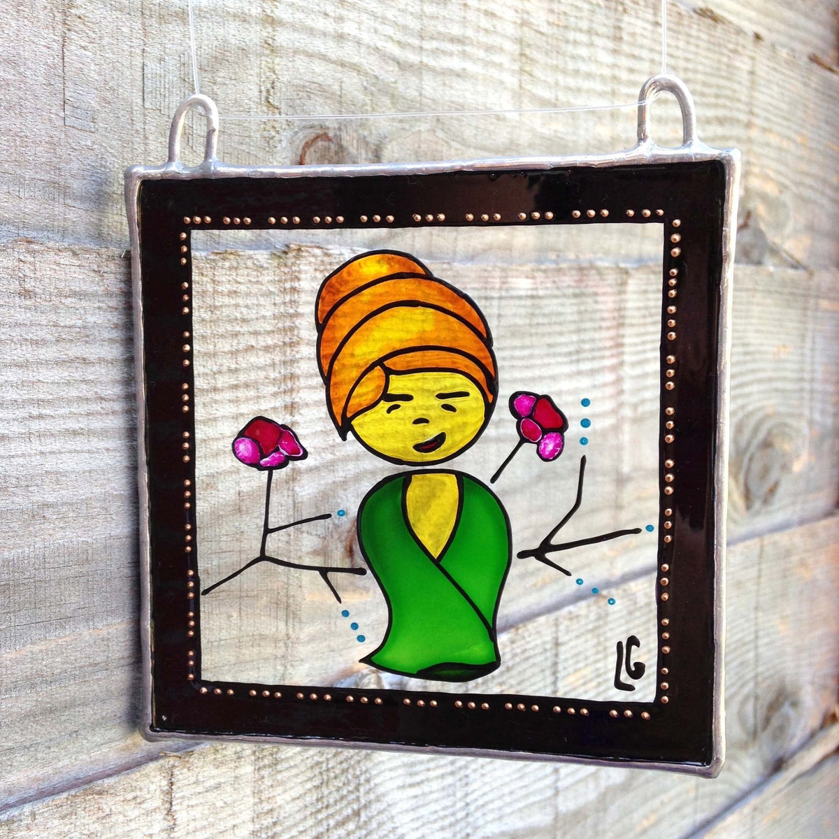 LeKoky Suncatchers JAPANESE DOLL [Girl] Hand Painted Glass Suncatcher made by Lenka in Southampton England