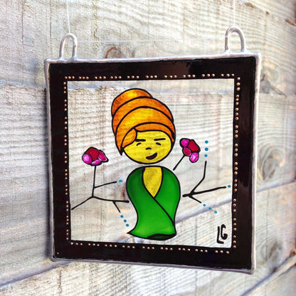 LeKoky Suncatchers JAPANESE DOLL [Girl] Hand Painted Glass Suncatcher made by Lenka in Southampton England