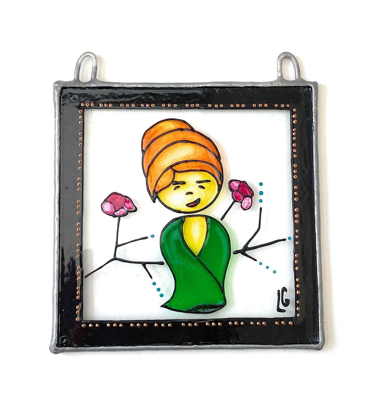 LeKoky Suncatchers JAPANESE DOLL [Girl] Hand Painted Glass Suncatcher TAKARA made by Lenka in Southampton England