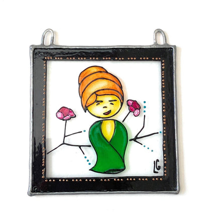 LeKoky Suncatchers JAPANESE DOLL [Girl] Hand Painted Glass Suncatcher TAKARA made by Lenka in Southampton England