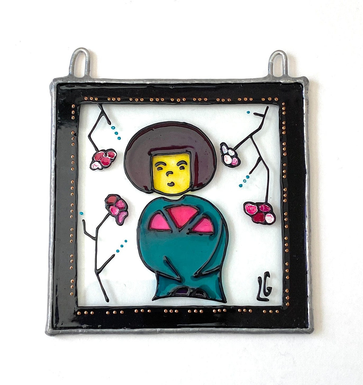 LeKoky Suncatchers JAPANESE DOLL [Girl] Hand Painted Glass Suncatcher YASU made by Lenka in Southampton England