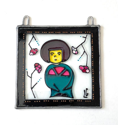 LeKoky Suncatchers JAPANESE DOLL [Girl] Hand Painted Glass Suncatcher YASU made by Lenka in Southampton England