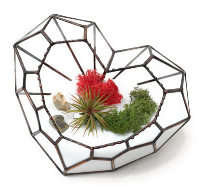 Close-up of LOVE HEART Glass Terrarium, showing detailed craftsmanship and unique geometric heart design in stained glass.