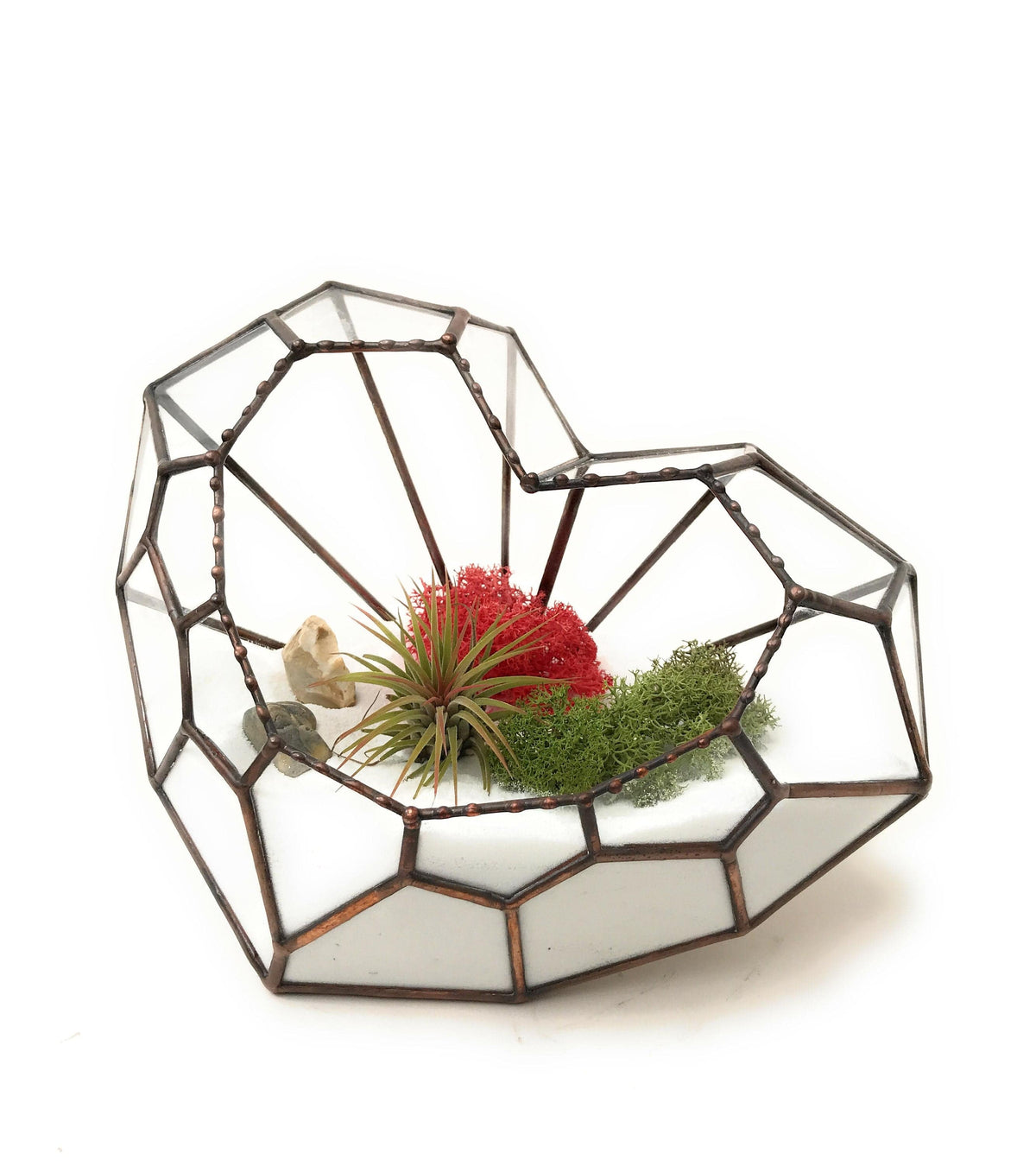 LOVE HEART Geometric Glass Terrarium displayed on a table, highlighting its elegant rustic copper finish and decorative appeal.