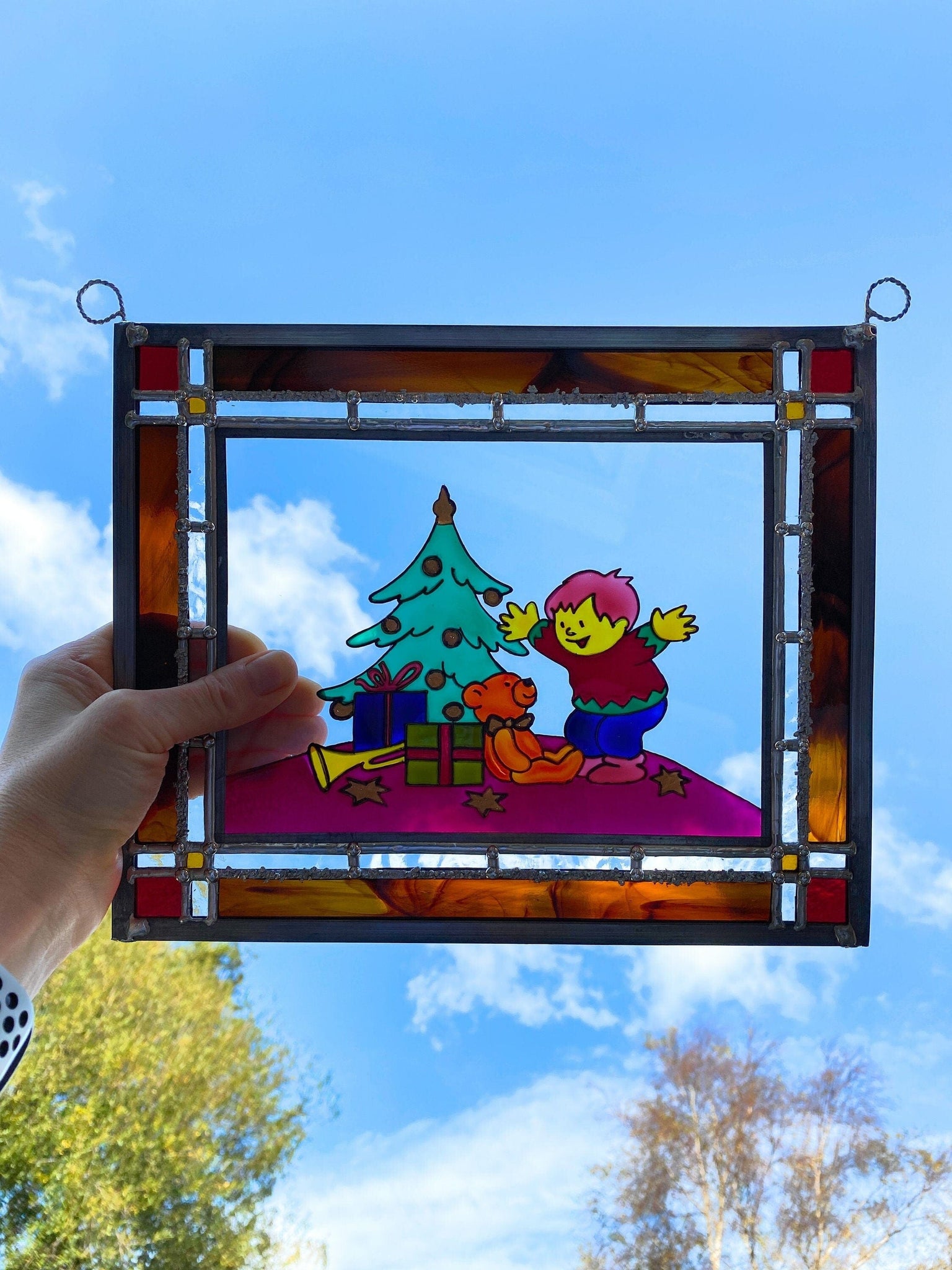 LeKoky Suncatchers TEDDY & XMAS Hand Painted Stained Glass Suncatcher made by Lenka in Southampton England