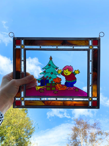 LeKoky Suncatchers TEDDY & XMAS Hand Painted Stained Glass Suncatcher made by Lenka in Southampton England