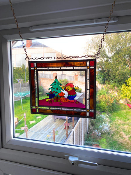 LeKoky Suncatchers TEDDY & XMAS Hand Painted Stained Glass Suncatcher made by Lenka in Southampton England