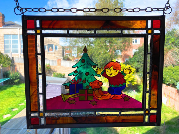 LeKoky Suncatchers TEDDY & XMAS Hand Painted Stained Glass Suncatcher made by Lenka in Southampton England